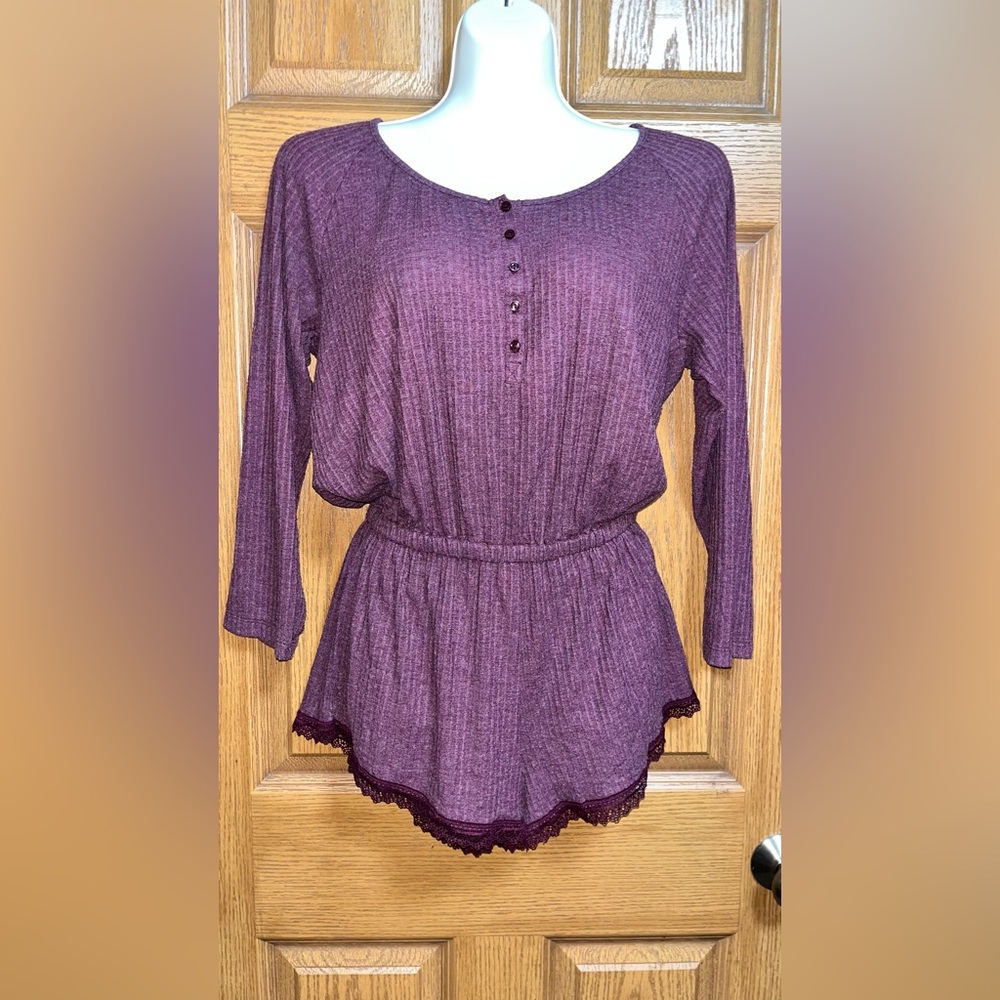 Victoria's Secret Plum Ribbed Long-Sleeve Pajama Romper Small